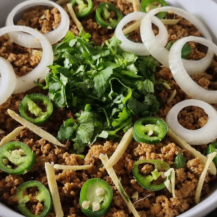 Close-up of Dum Keema showing fine mince texture infused with yoghurt and spices