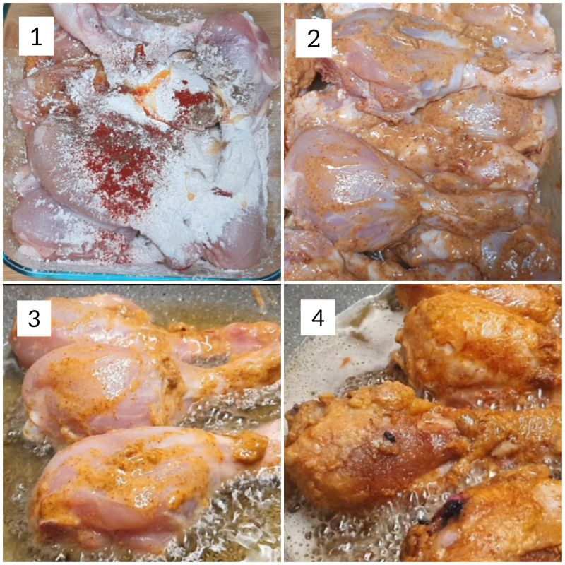 Marinating the chicken and Shallow frying chicken drumsticks in hot oil until golden and crispy for sweet chilli chicken recipe