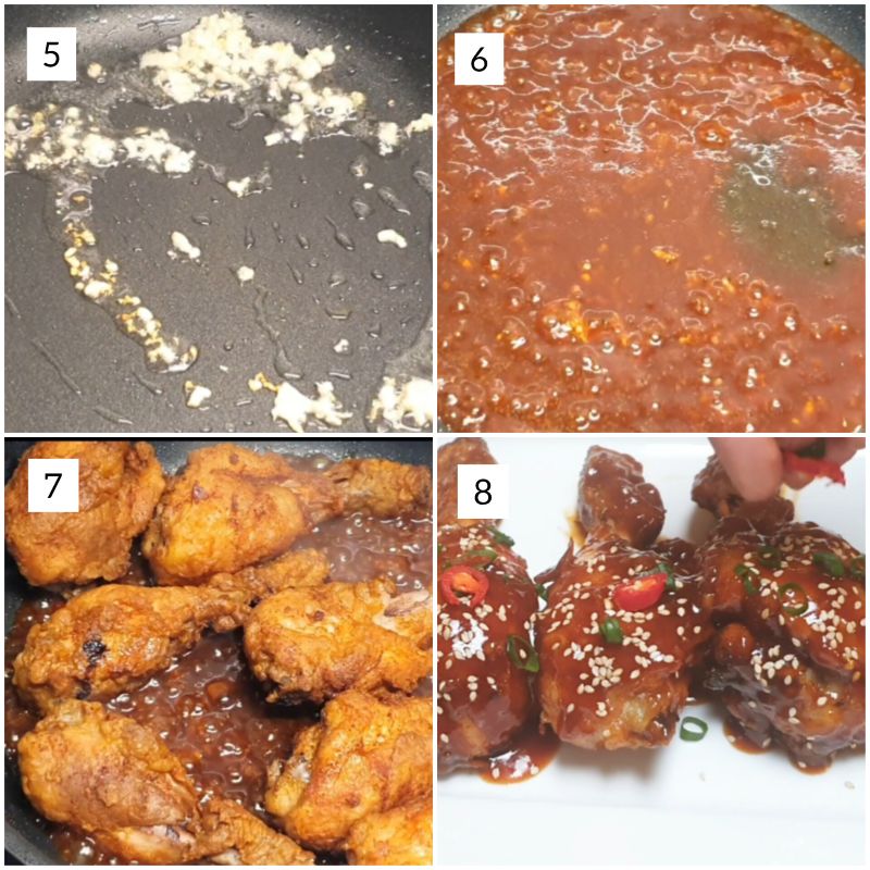 Preparation of sauce and golden crispy chicken drumstick being coated in homemade sweet chilli sauce