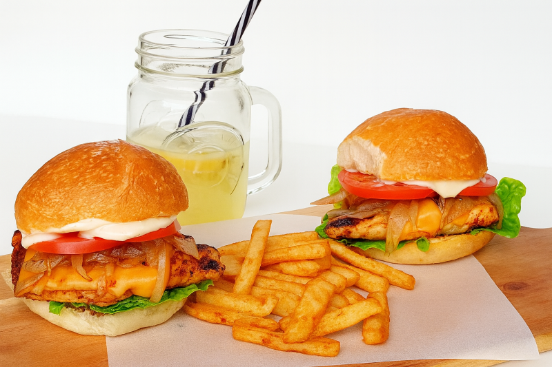 Grilled chicken burgers served with fries