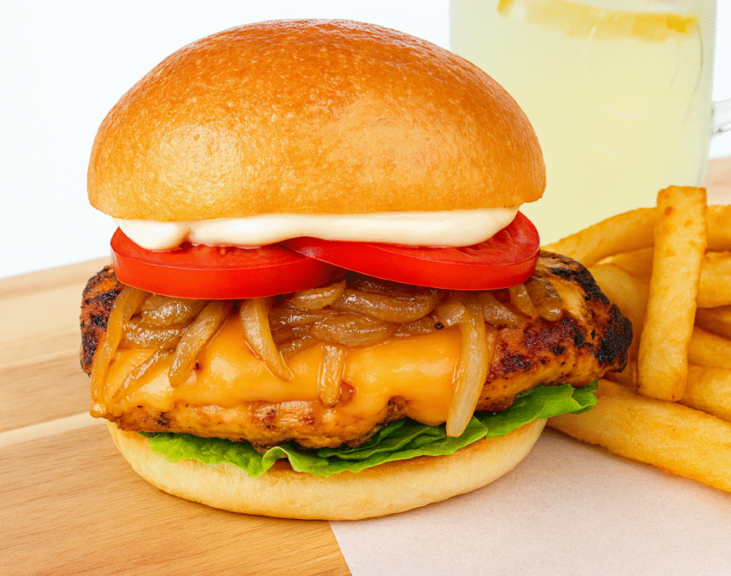 Closeup grilled chicken burger with melted cheese, caramelised onions, and salad leaves in a toasted bun