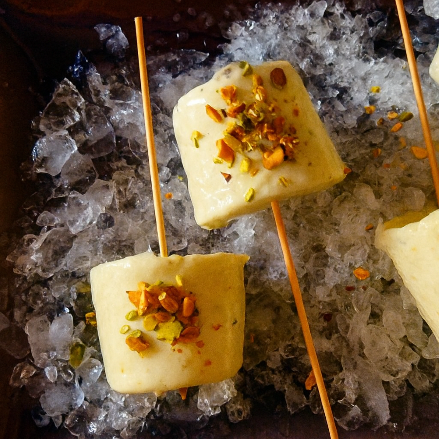 Close-up of creamy pistachio kulfi sprinkled with chopped pistachios