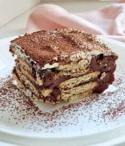 No Bake Chocolate Biscuit Pudding Slice of No bake chocolate date pudding on a plate