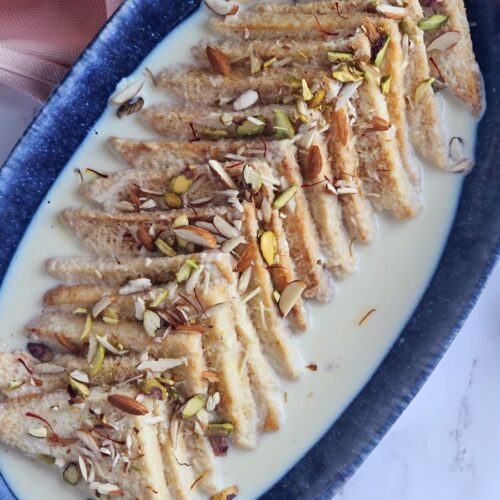 Shahi tukray, bread slices soaked in sweet creamy milk