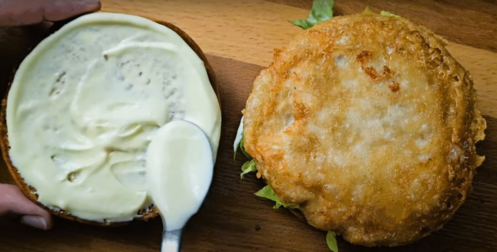 Spreading special mayo sauce on burger buns.