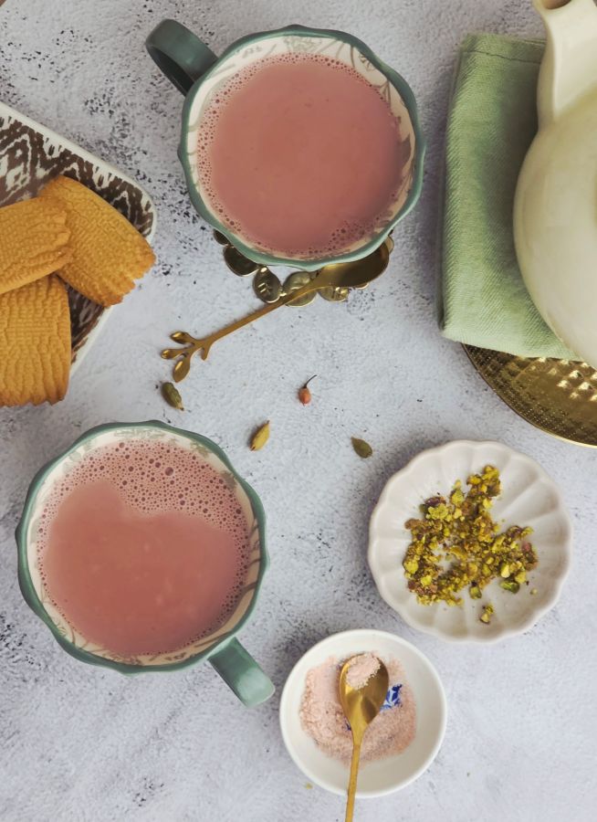 Kashmiri Chai showing creamy pink color