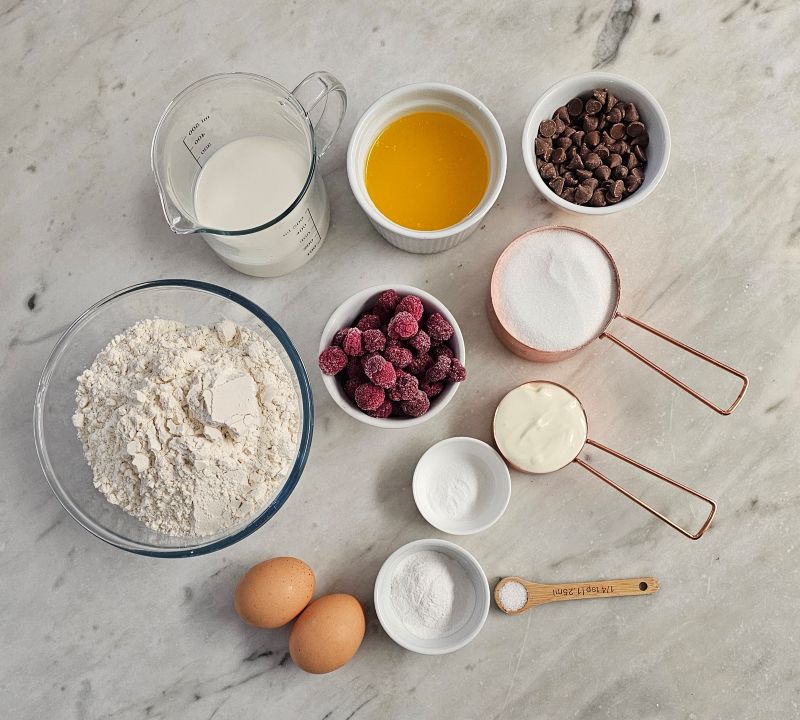 Ingredients for Raspberry chocolate chip muffins